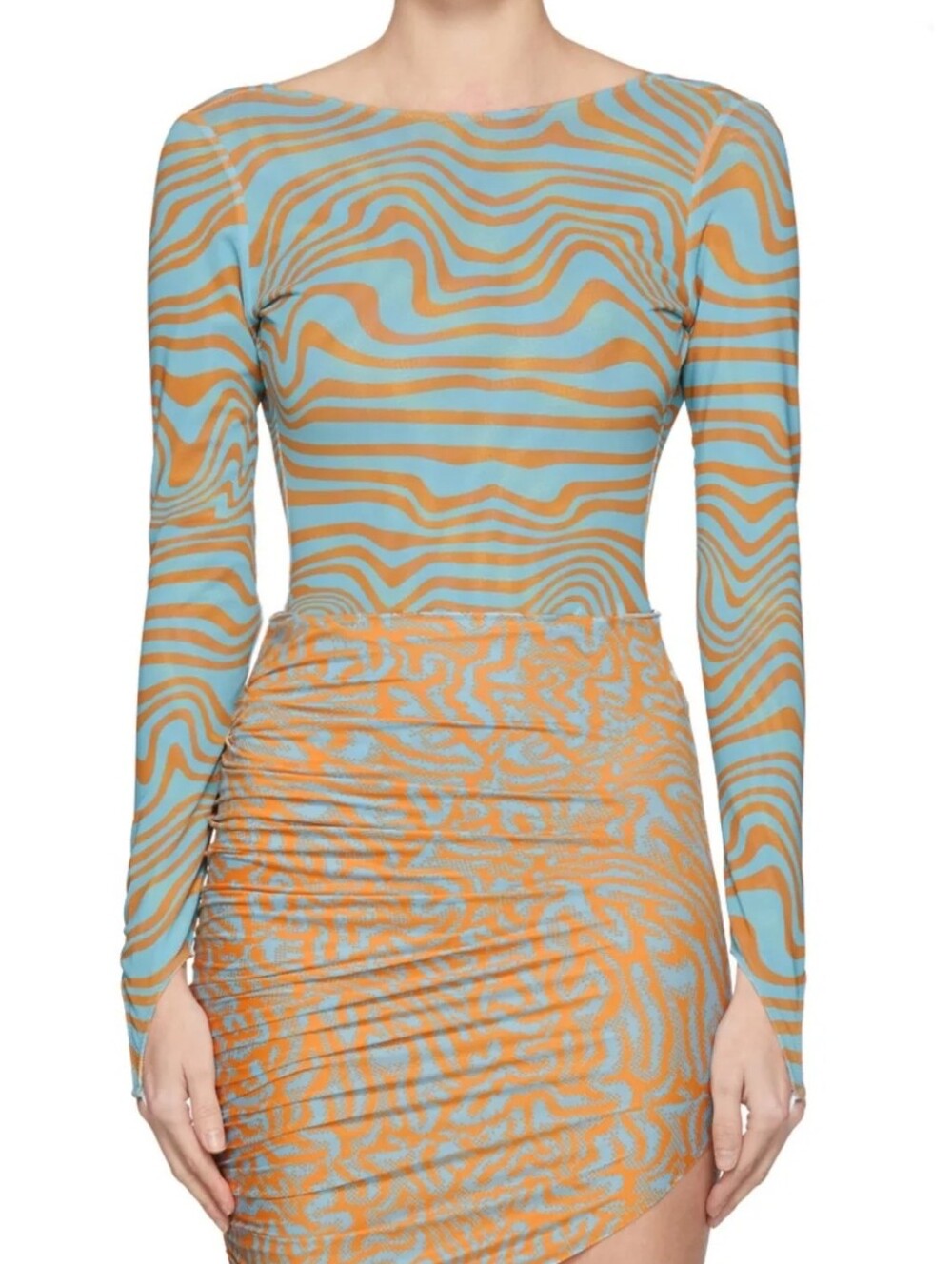 Maisie Wilen | Long Sleeve Backless Bodysuit Size M In Orange Blue